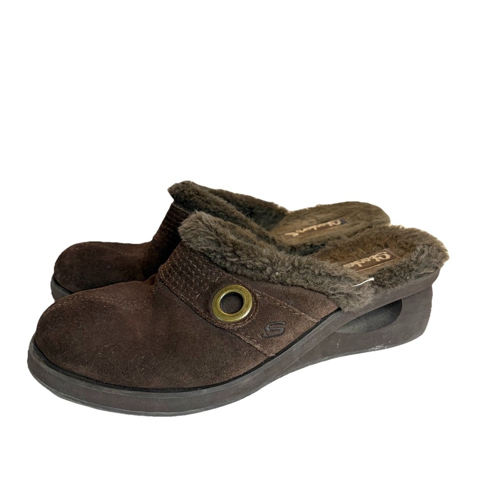 VTG Y2K Skechers Fuzzy Mules 9 Grommet Brown Suede Platform Chunky Clogs Slip On